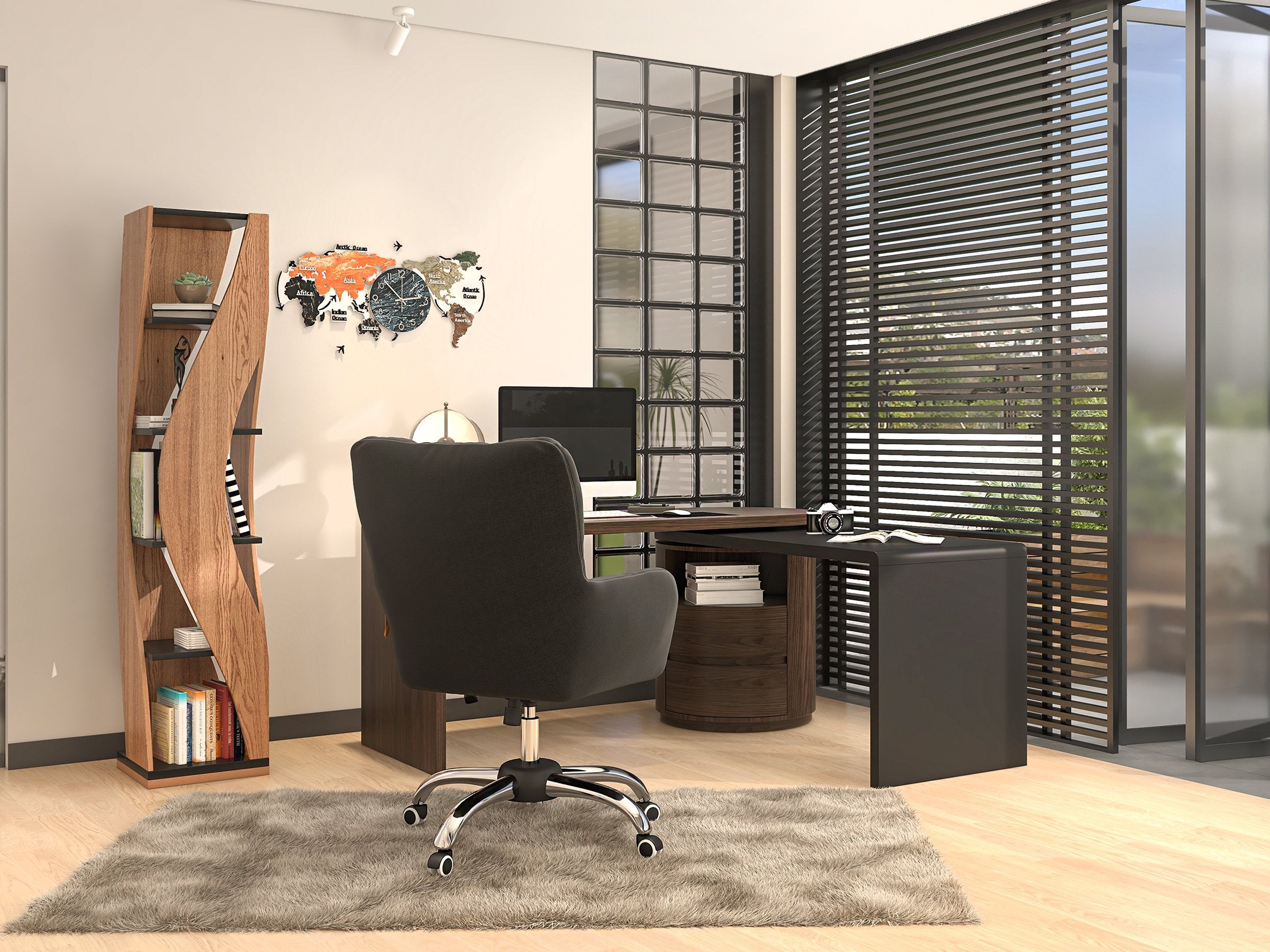 HMR - 59.8" Modern L-Shaped Rotatable Executive Office Desk with Cabinet & 2 Drawers
