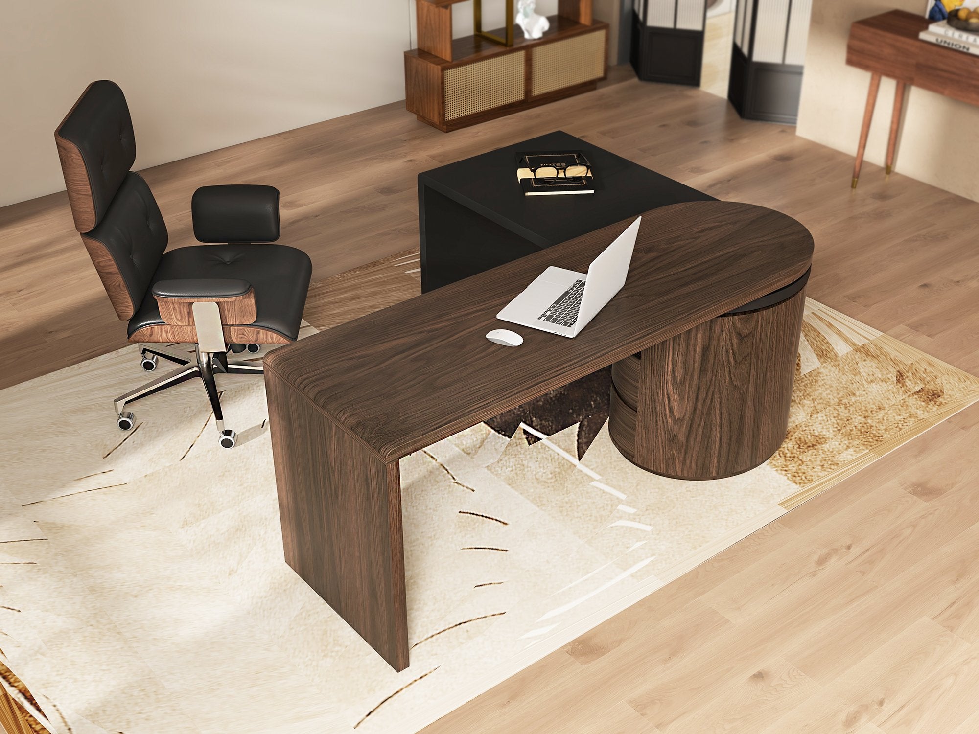 HMR - 59.8" Modern L-Shaped Rotatable Executive Office Desk with Cabinet & 2 Drawers