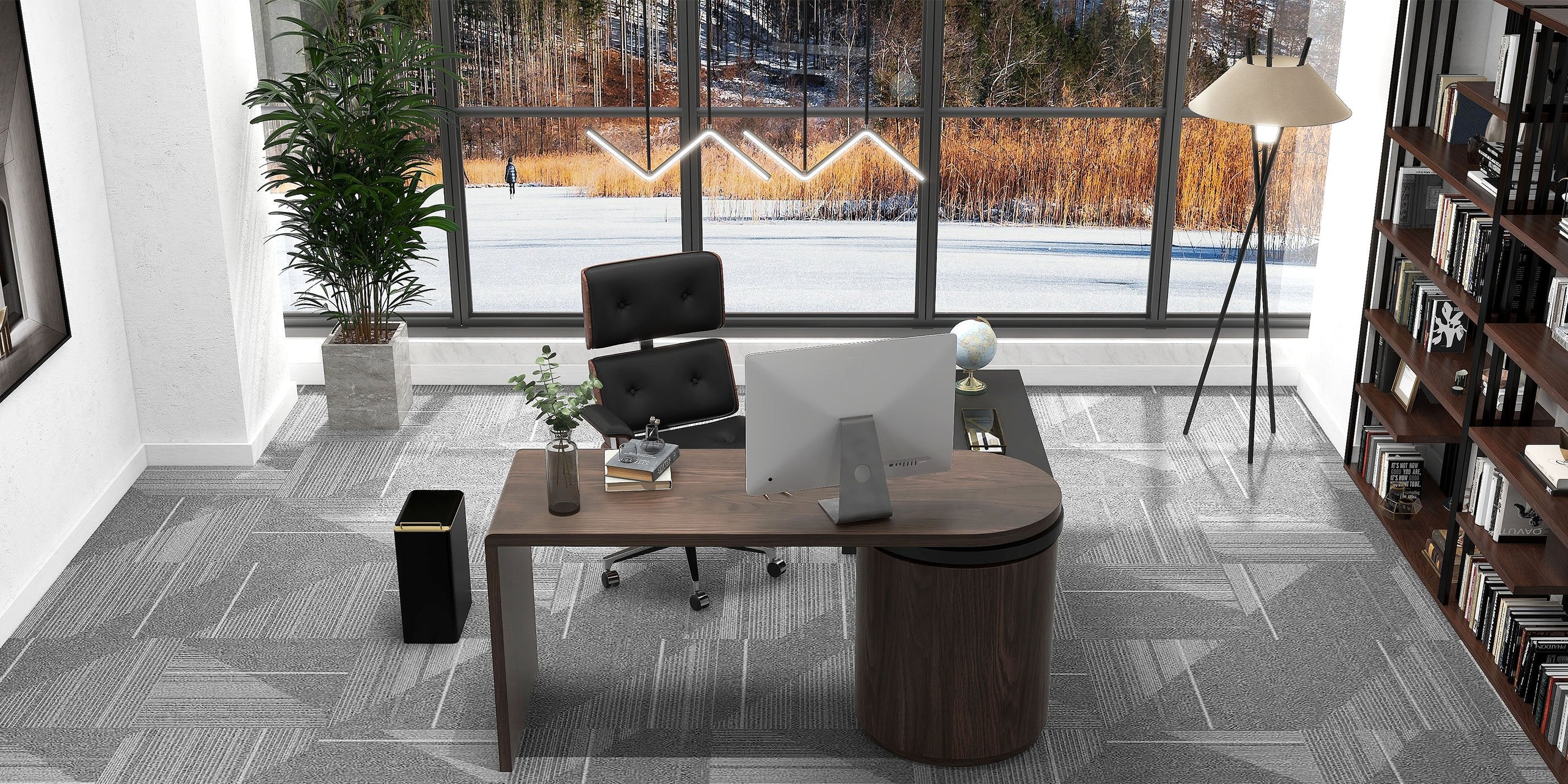 HMR - 59.8" Modern L-Shaped Rotatable Executive Office Desk with Cabinet & 2 Drawers