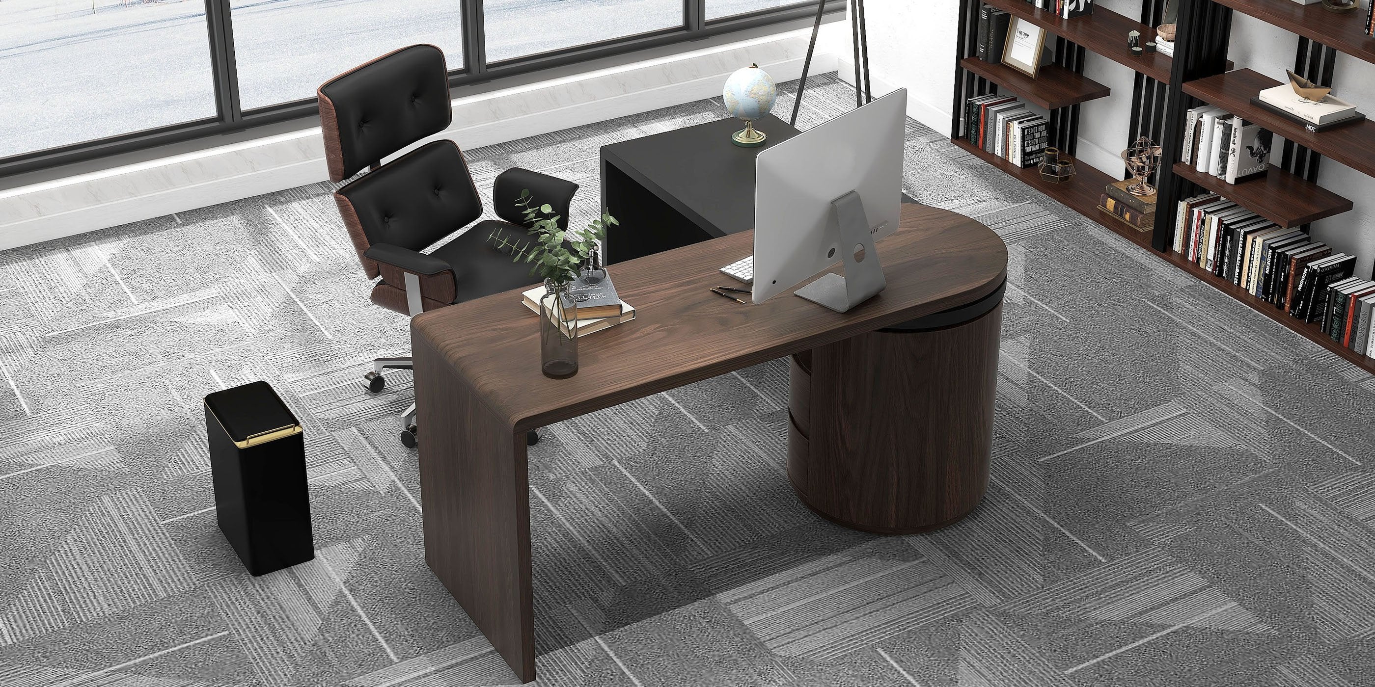 HMR - 59.8" Modern L-Shaped Rotatable Executive Office Desk with Cabinet & 2 Drawers