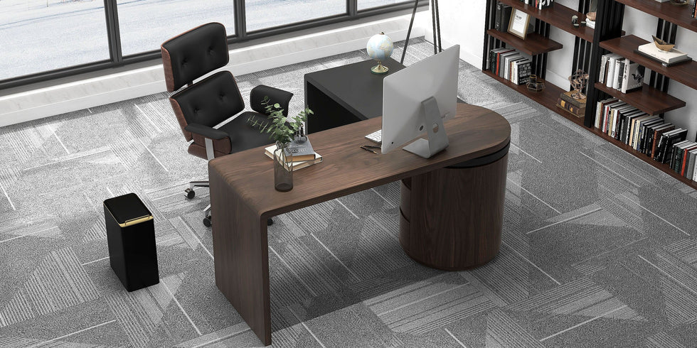 HMR - 59.8" Modern L-Shaped Rotatable Executive Office Desk with Cabinet & 2 Drawers