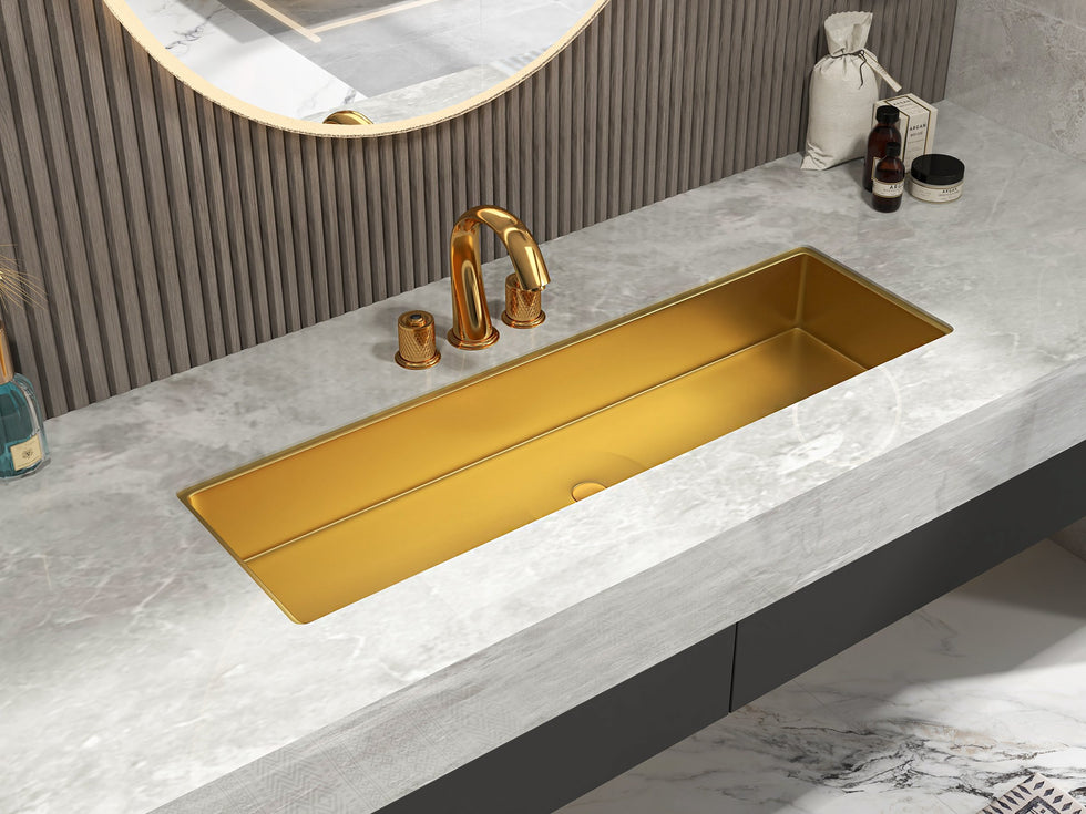 HMR - Gold Modern Bathroom Widespread Sink Faucet Double Handle Brass
