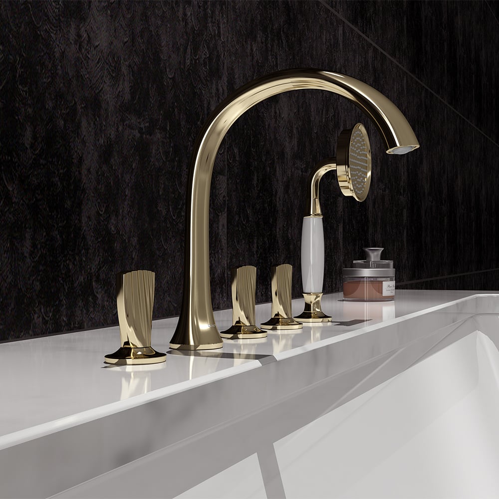 HMR - Veric Deck Mounted Roman Bathtub Faucet with Handshower Solid Brass