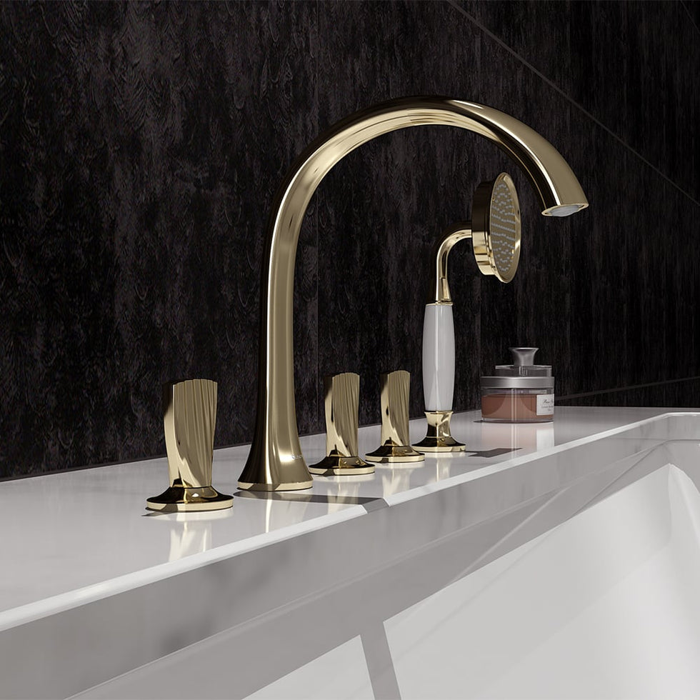 HMR - Veric Deck Mounted Roman Bathtub Faucet with Handshower Solid Brass