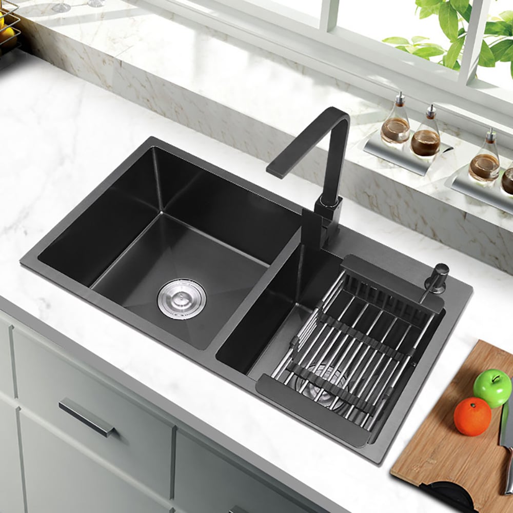 HMR - 32 Stainless Steel Kitchen Sink Double Bowls DropIn Sink with Drain and Overflow