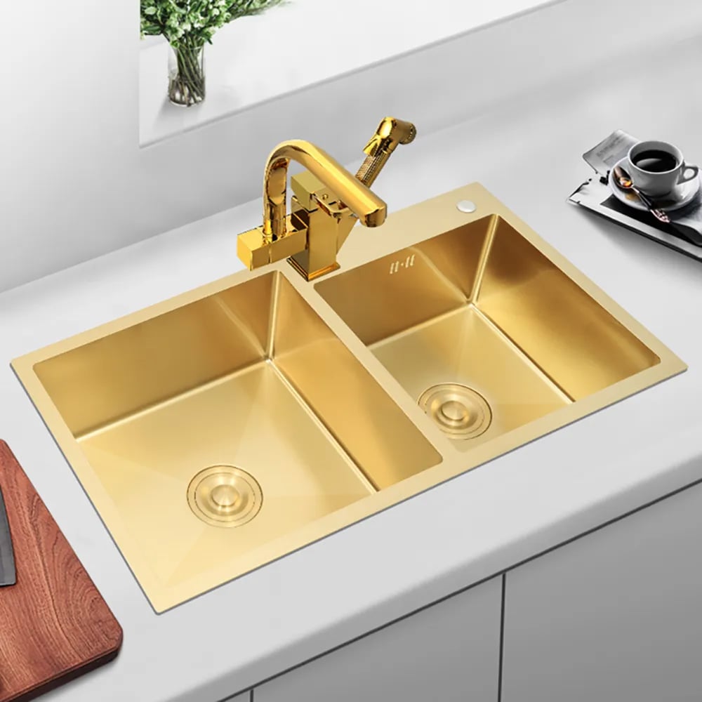 HMR - 32 Stainless Steel Kitchen Sink Double Bowls DropIn Sink with Drain and Overflow