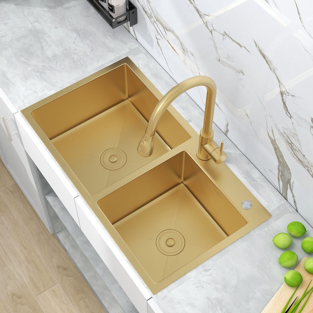 HMR - 32 Stainless Steel Kitchen Sink Double Bowls DropIn Sink with Drain and Overflow