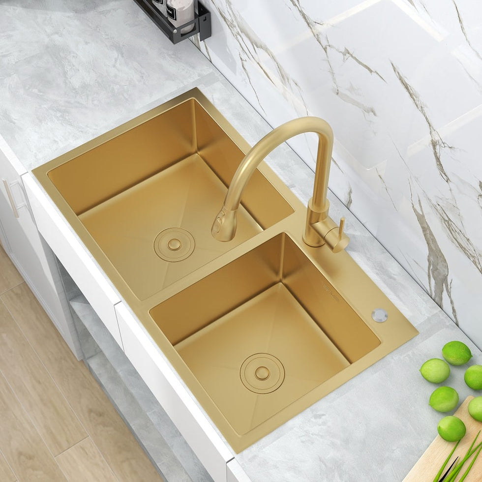 HMR - 32 Stainless Steel Kitchen Sink Double Bowls DropIn Sink with Drain and Overflow