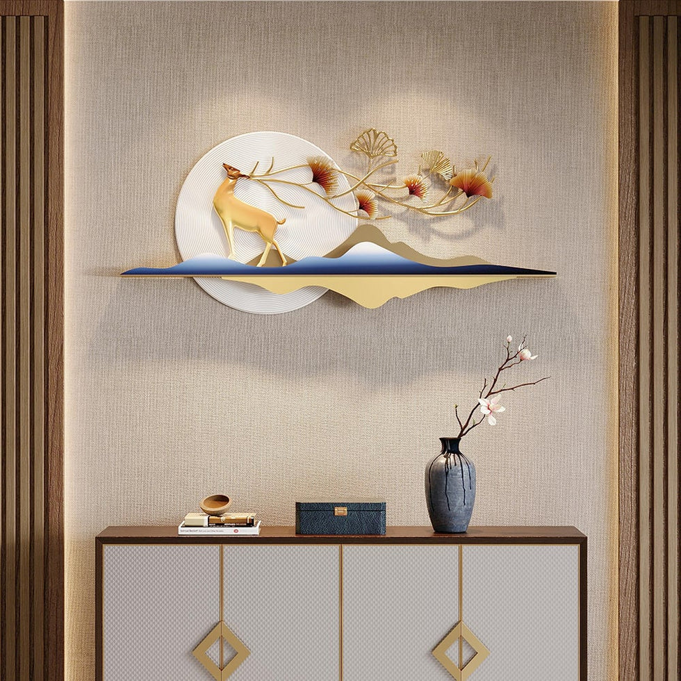 HMR - 55" Modern Metal Wall Decor with Hollow-Out Ginkgo Leaves & Deer for Living Room