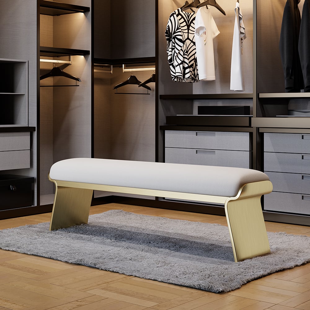 HMR - Upart Beige Modern Stainless Steel Bench Leath-Aire Upholstered Bedroom Long Bench