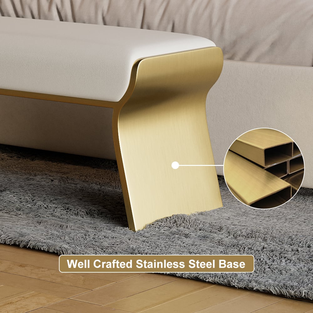HMR - Upart Beige Modern Stainless Steel Bench Leath-Aire Upholstered Bedroom Long Bench