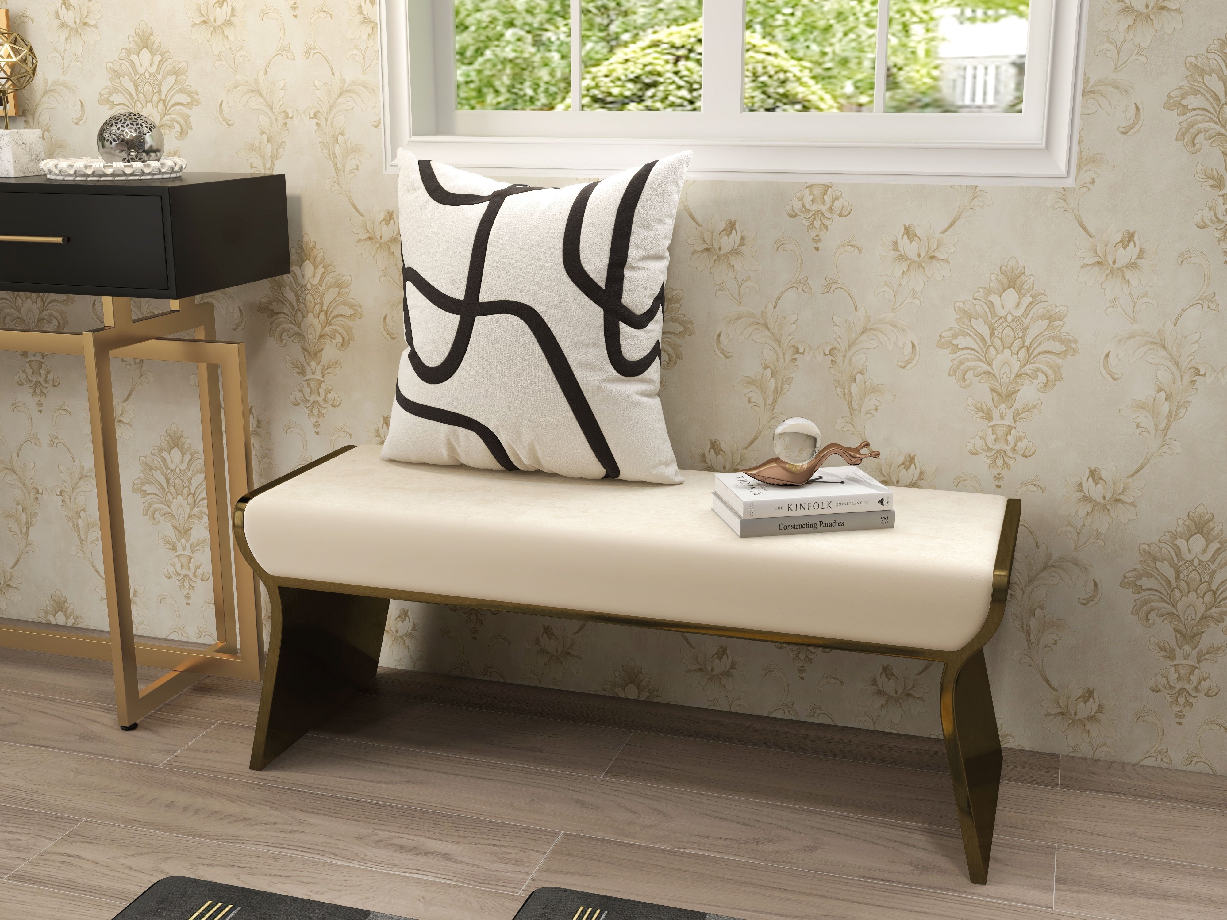 HMR - Upart Beige Modern Stainless Steel Bench Leath-Aire Upholstered Bedroom Long Bench