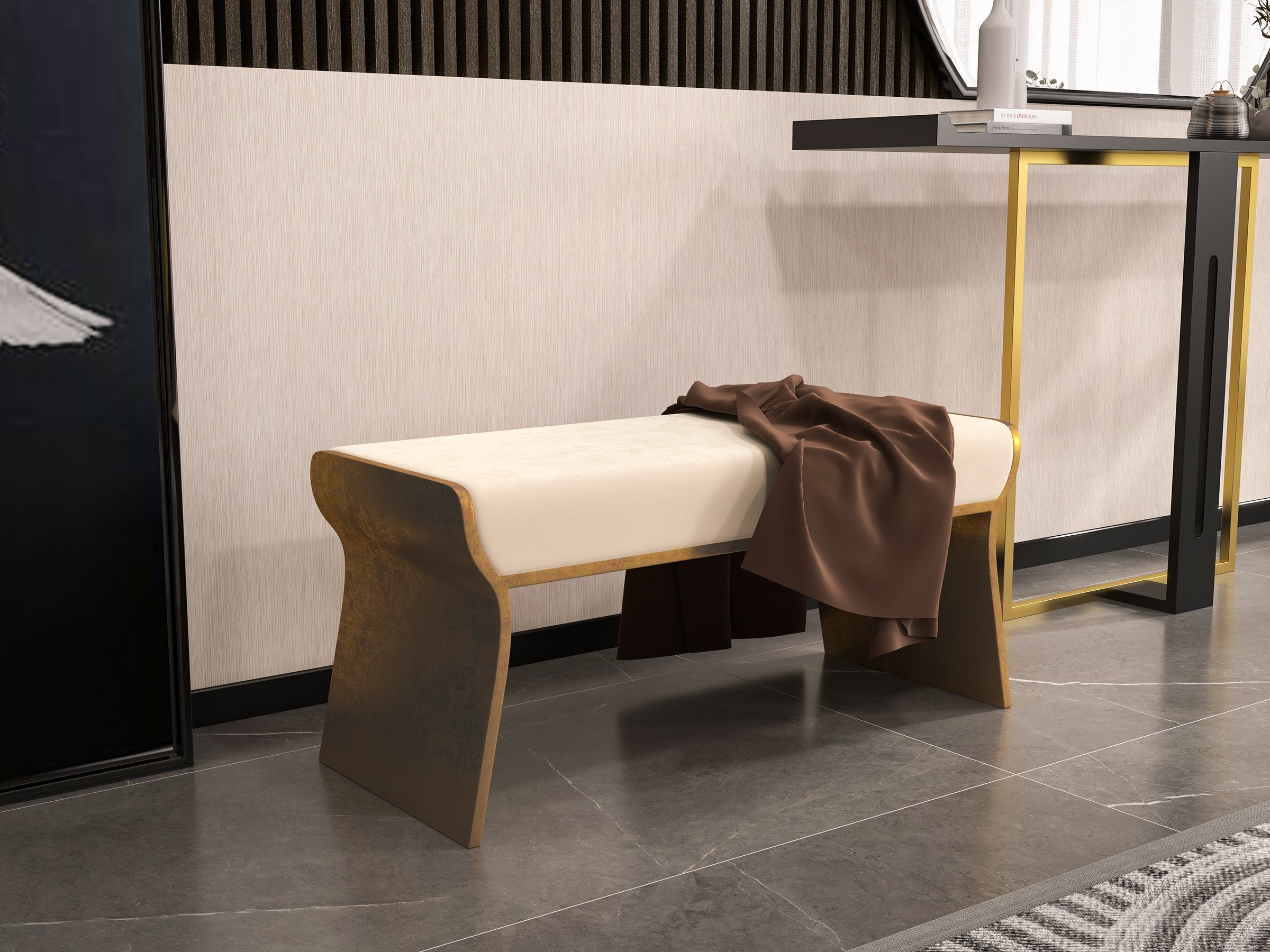 HMR - Upart Beige Modern Stainless Steel Bench Leath-Aire Upholstered Bedroom Long Bench