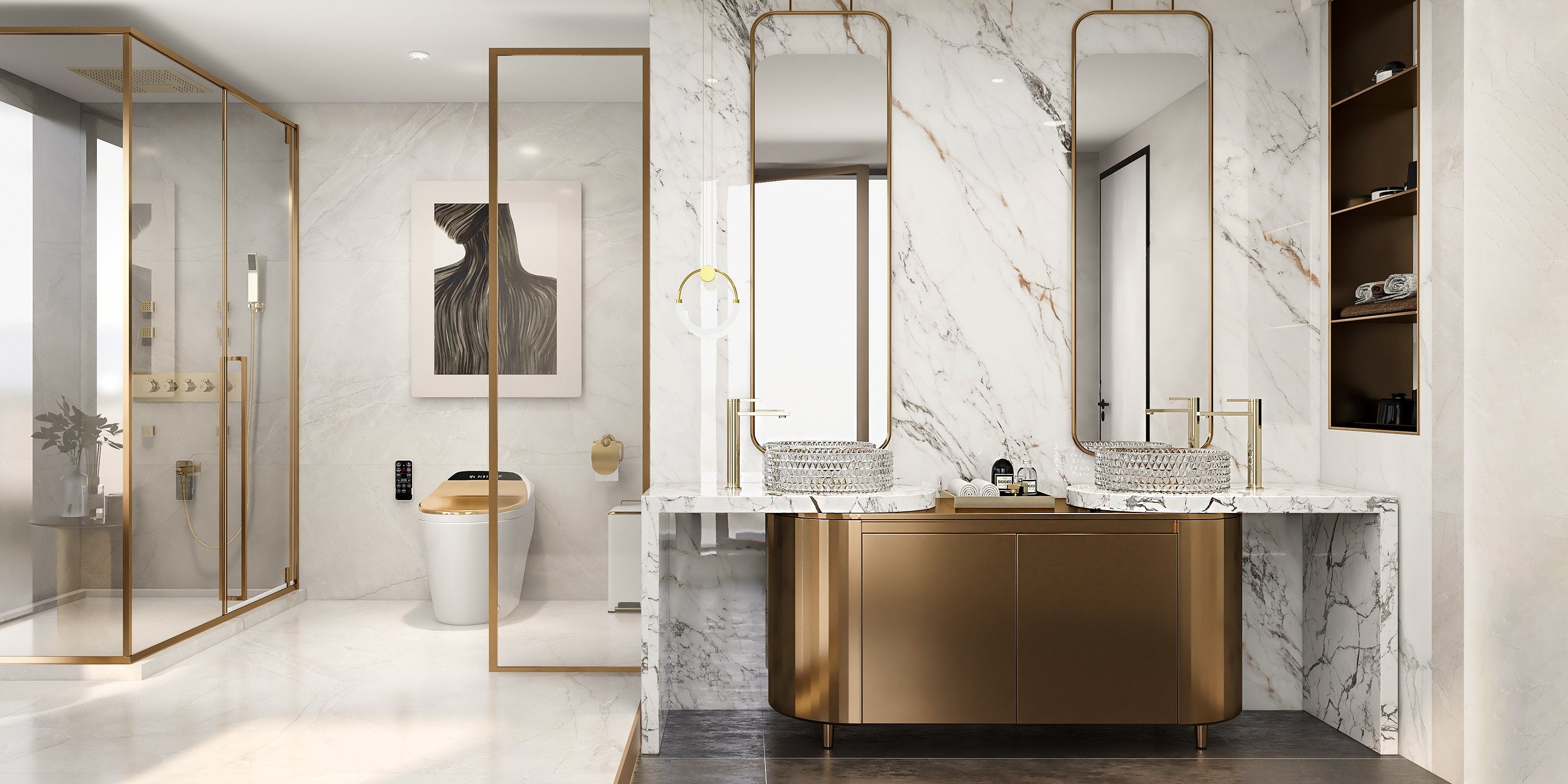 HMR - Modern Minimalist Single Circle Kitchen Island Light in Gold Cool Light