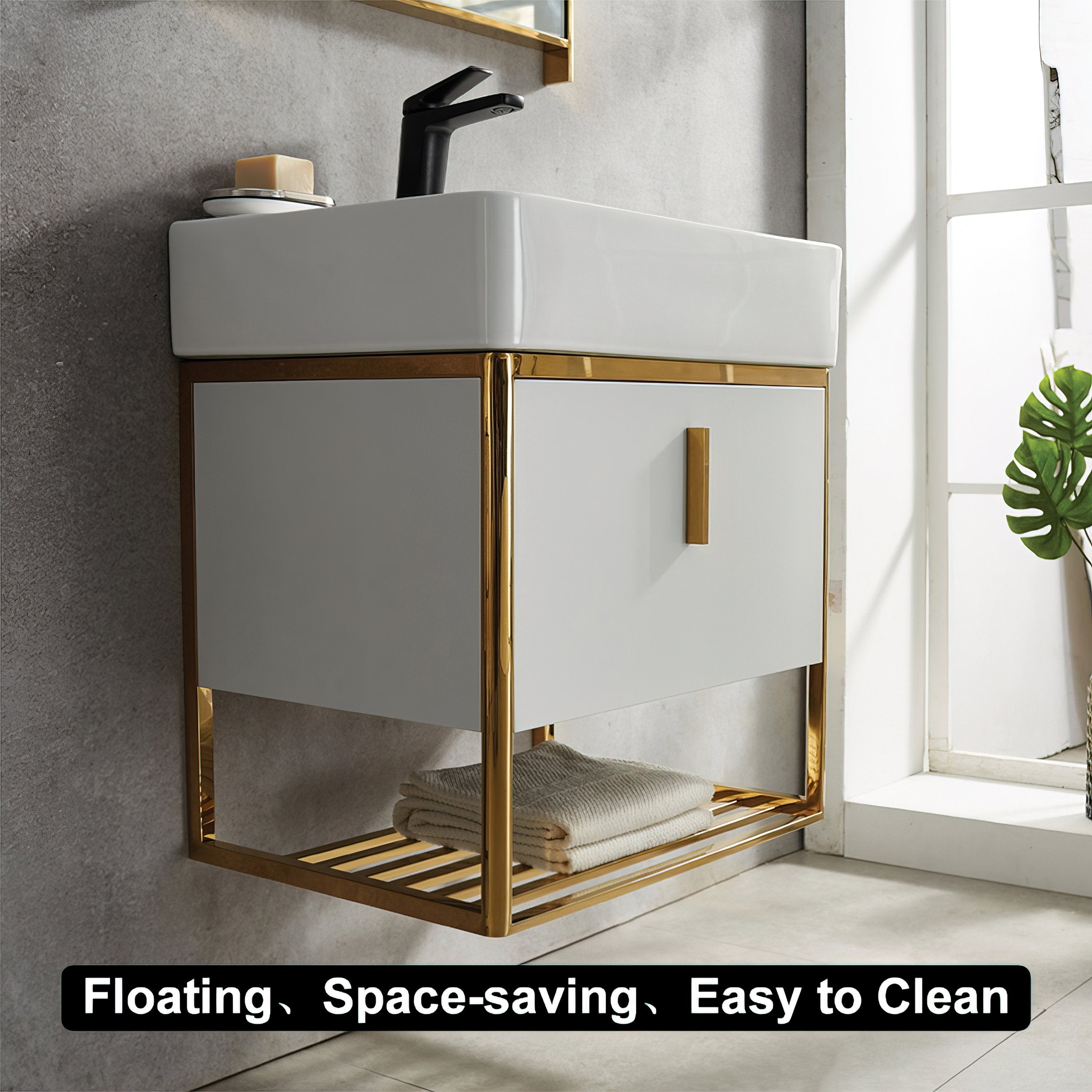 HMR - 23.6" Modern Floating Bathroom Vanity with Drawer Shelf Single Ceramic Sink Small