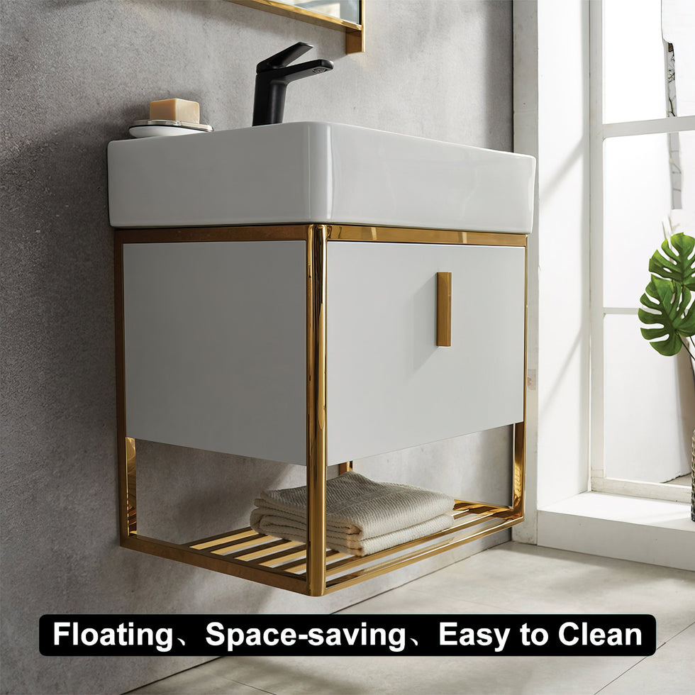 HMR - 23.6" Modern Floating Bathroom Vanity with Drawer Shelf Single Ceramic Sink Small
