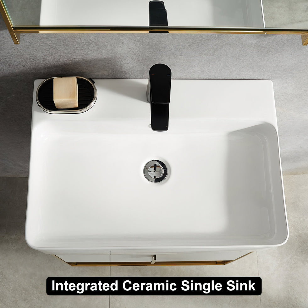 HMR - 23.6" Modern Floating Bathroom Vanity with Drawer Shelf Single Ceramic Sink Small