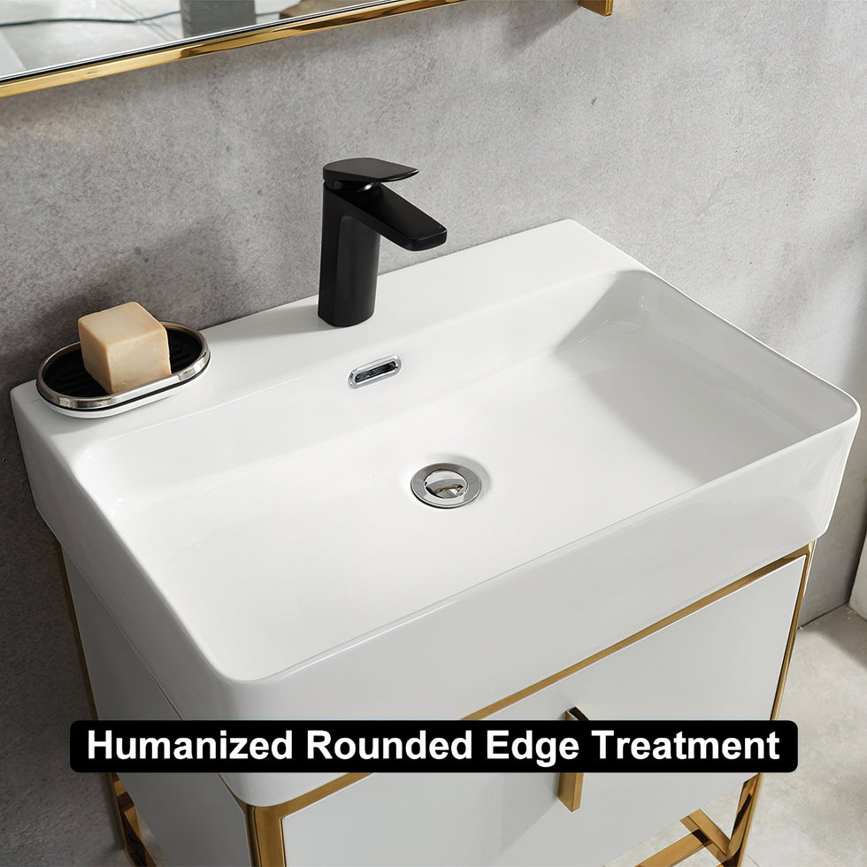 HMR - 23.6" Modern Floating Bathroom Vanity with Drawer Shelf Single Ceramic Sink Small