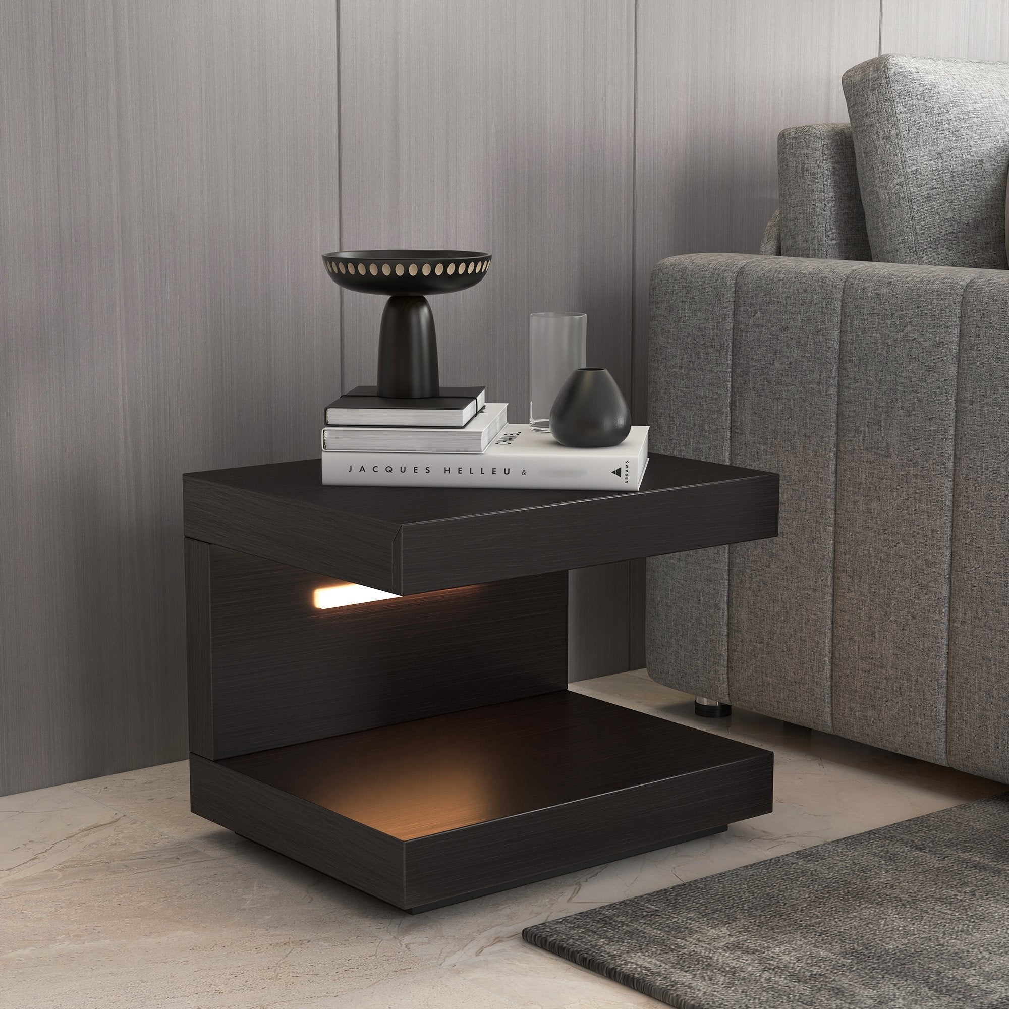 HMR - Wood Nightstand with 1 Drawer Cshaped Side Table with Light