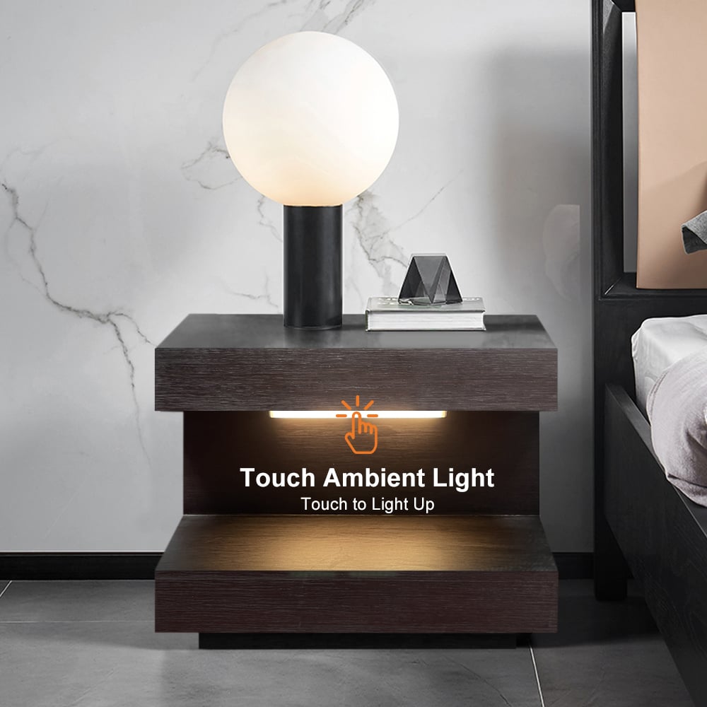HMR - Wood Nightstand with 1 Drawer Cshaped Side Table with Light