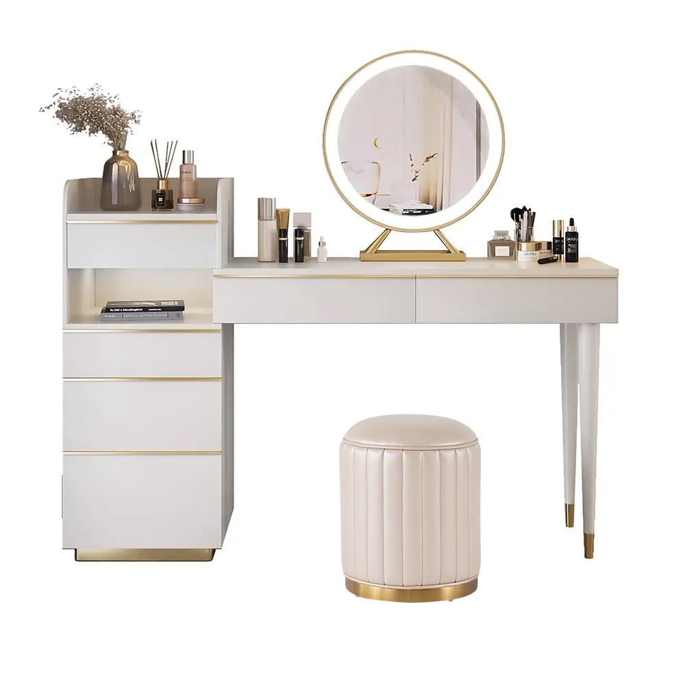 HMR - Modern Makeup Vanity Set Dressing Table with Lighted Mirror Cabinet & Stool Included
