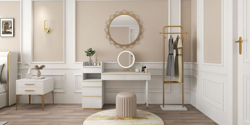 HMR - Modern Makeup Vanity Set Dressing Table with Lighted Mirror Cabinet & Stool Included