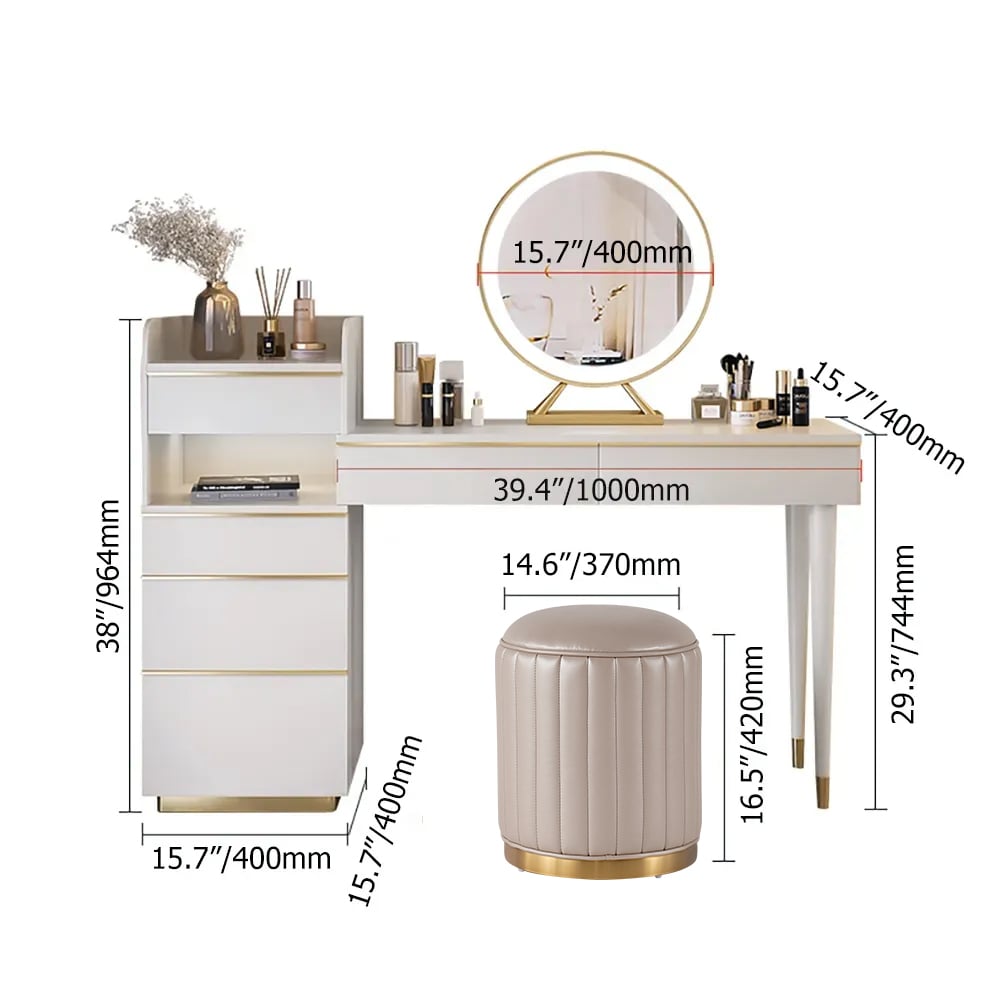 HMR - Modern Makeup Vanity Set Dressing Table with Lighted Mirror Cabinet & Stool Included