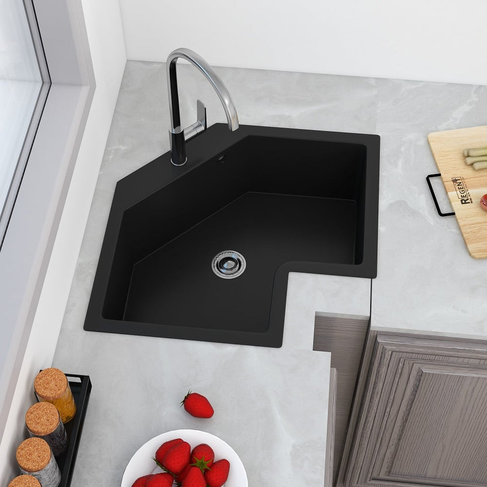 HMR - 25" Drop In Corner Kitchen Modern Single Bowl Quartz Irregular Sink