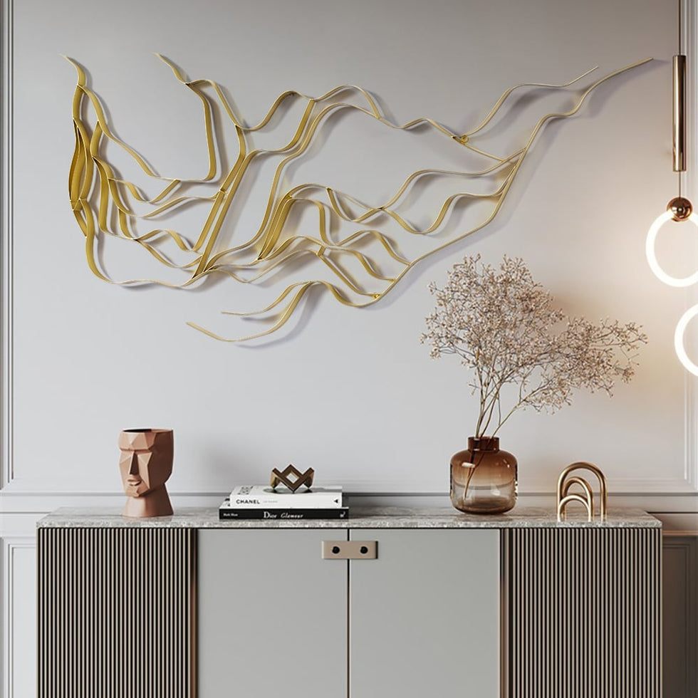 HMR - Luxury Abstract Wavy Lines Wall Decor Irregular Metal Wall Art in Gold for Living Room