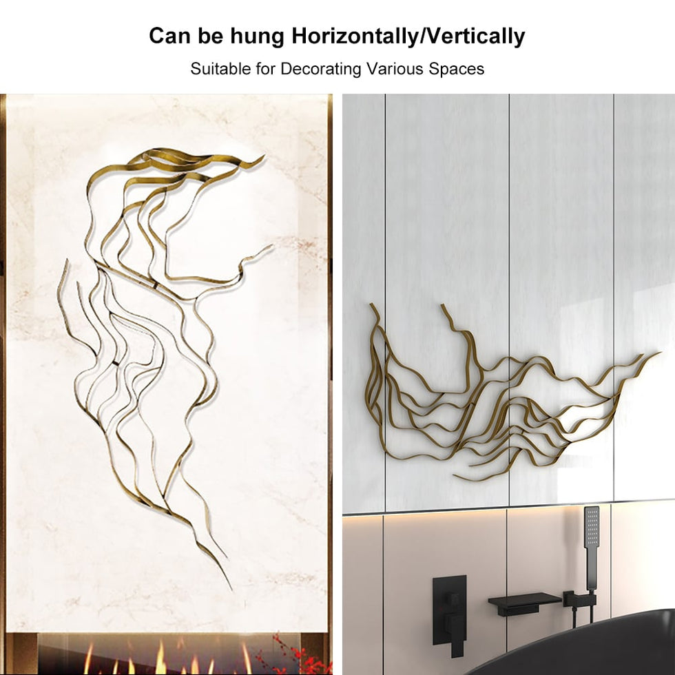 HMR - Luxury Abstract Wavy Lines Wall Decor Irregular Metal Wall Art in Gold for Living Room