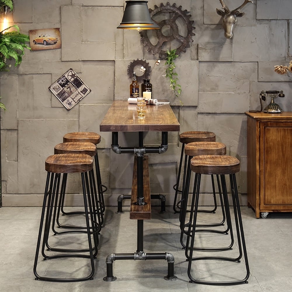 HMR - Industrial Bar Table with 6 Bar Stools Seats 4-6 People (Bar Set)