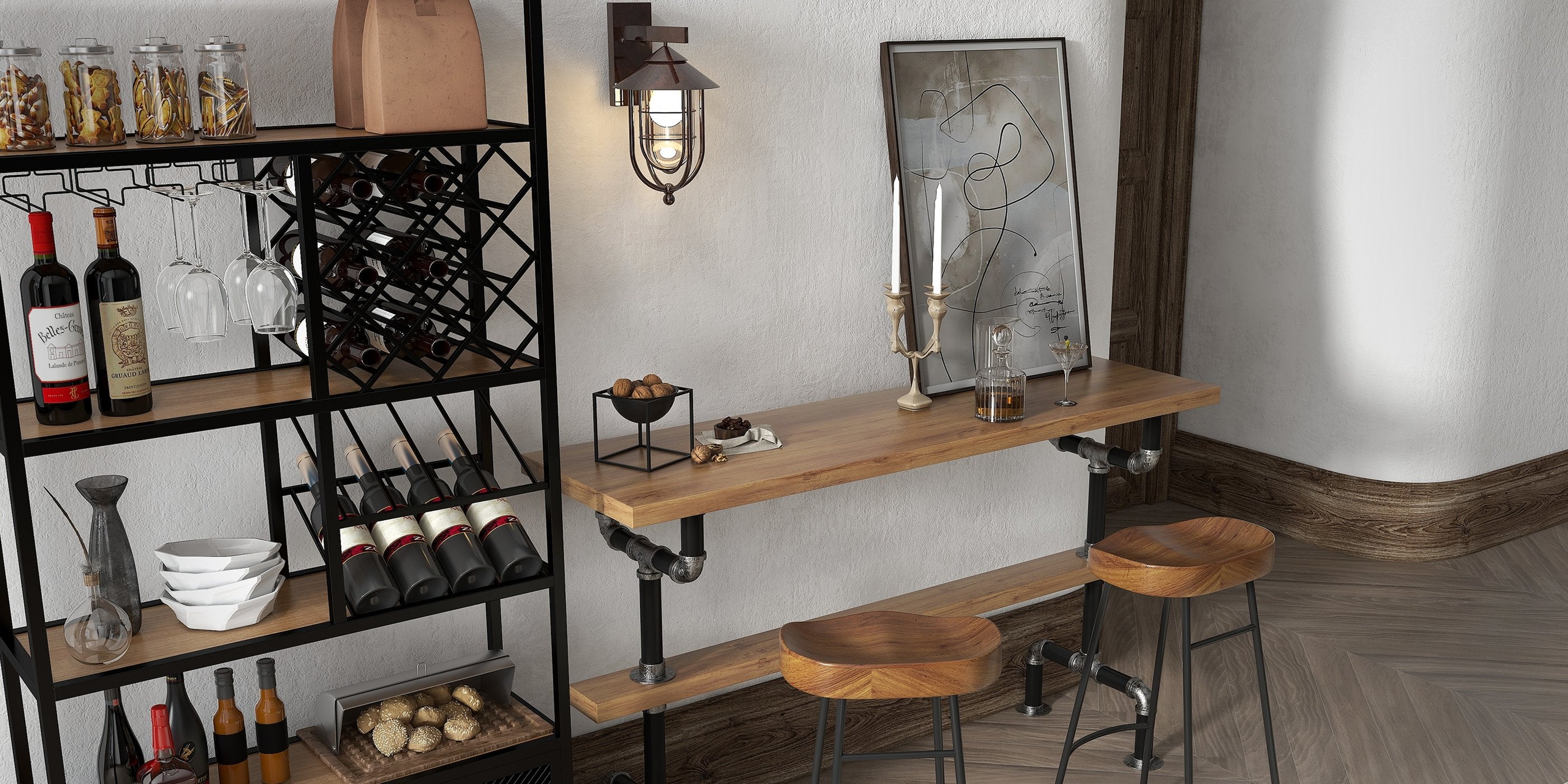 HMR - Industrial Bar Table with 6 Bar Stools Seats 4-6 People (Bar Set)