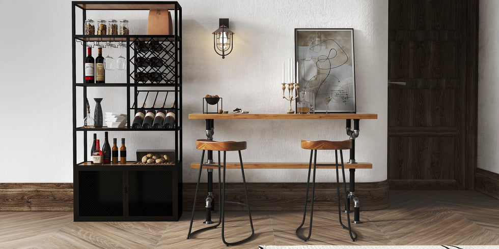 HMR - Industrial Bar Table with 6 Bar Stools Seats 4-6 People (Bar Set)