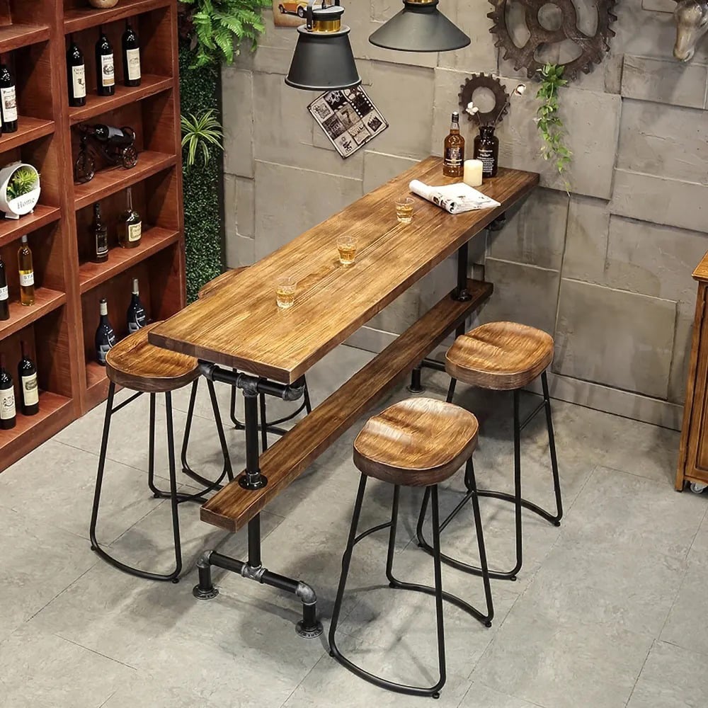 HMR - Industrial Bar Table with 6 Bar Stools Seats 4-6 People (Bar Set)