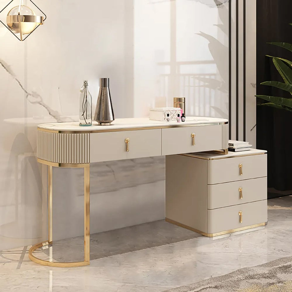 HMR - Nordic Makeup Vanity Extendable with 5-Drawer Dressing Table with Stone Top in Champagne