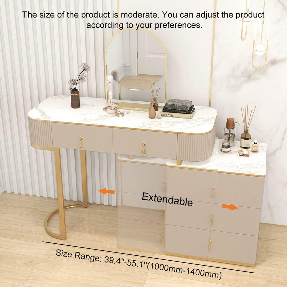HMR - Nordic Makeup Vanity Extendable with 5-Drawer Dressing Table with Stone Top in Champagne