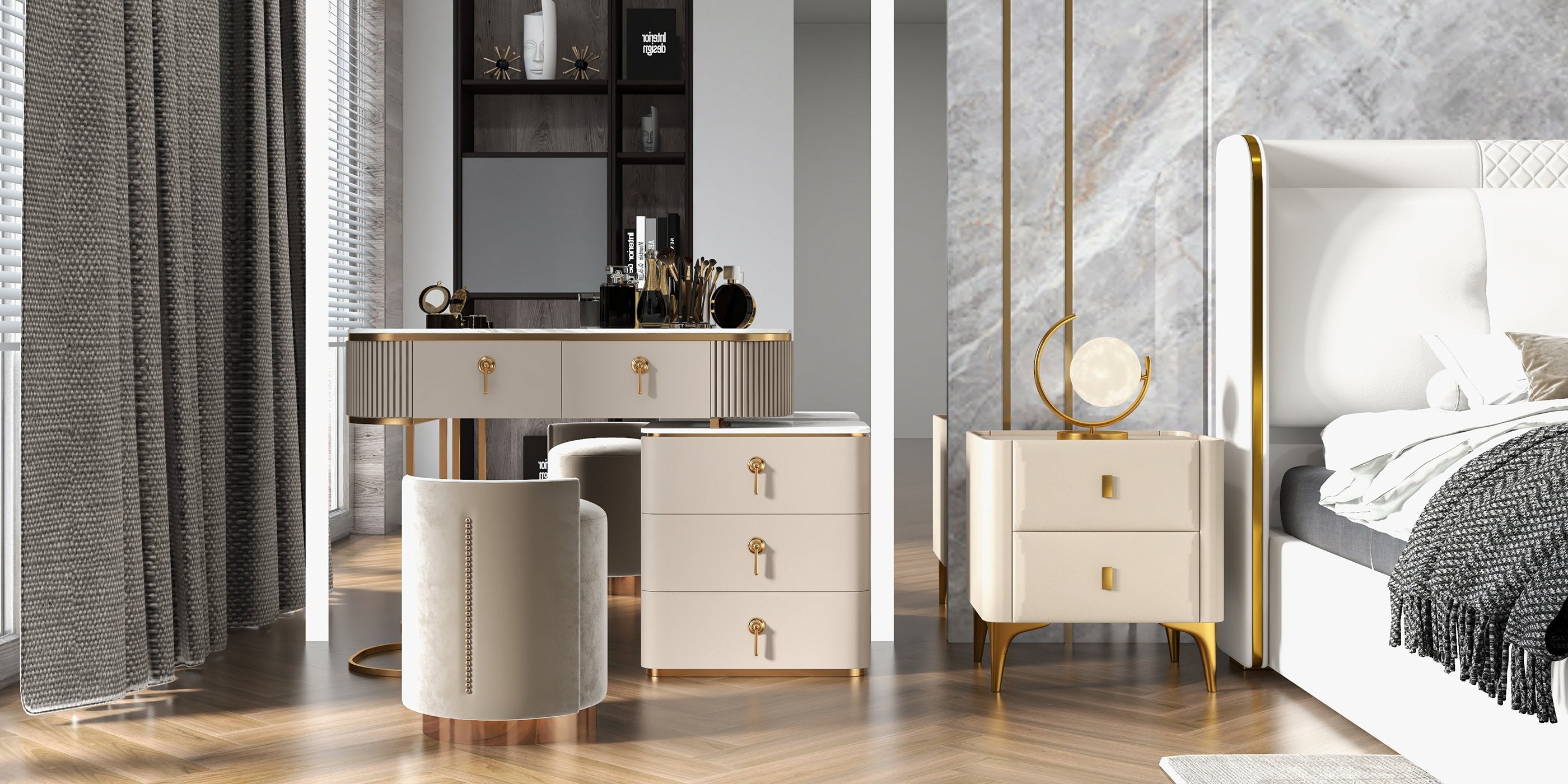 HMR - Nordic Makeup Vanity Extendable with 5-Drawer Dressing Table with Stone Top in Champagne