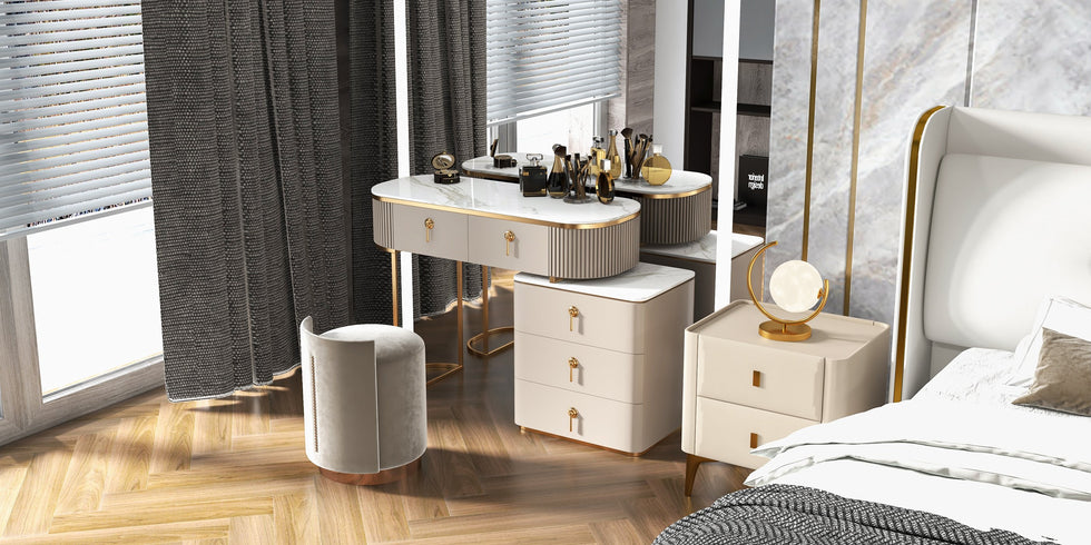 HMR - Nordic Makeup Vanity Extendable with 5-Drawer Dressing Table with Stone Top in Champagne