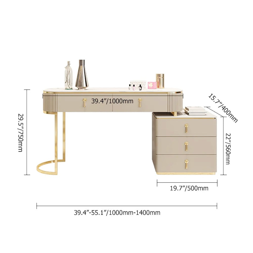 HMR - Nordic Makeup Vanity Extendable with 5-Drawer Dressing Table with Stone Top in Champagne
