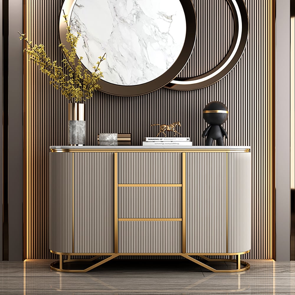 HMR - Faux Marble Top Sideboard with Stainless Steel Base in White
