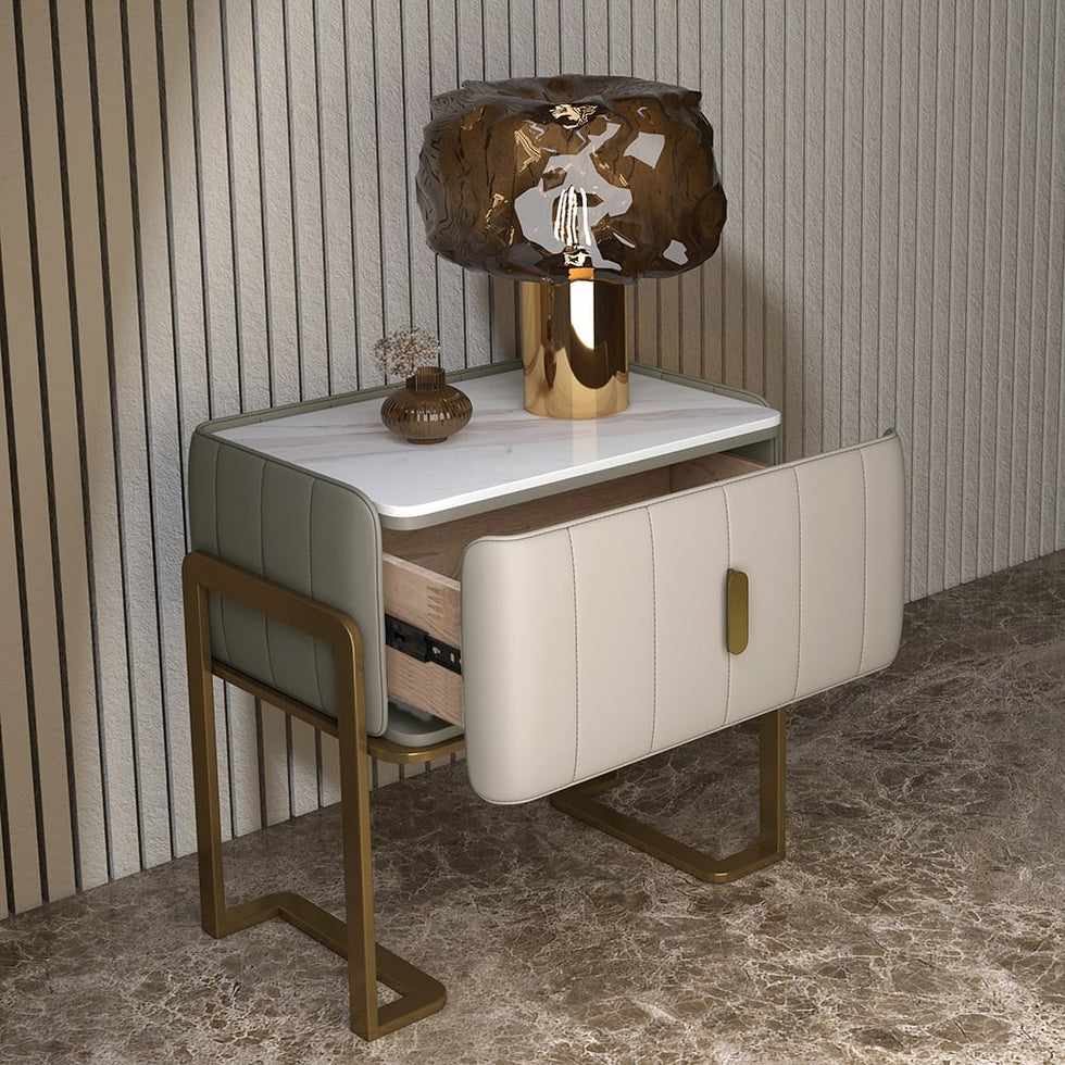 HMR - Modern Nightstand Drawer Bedroom Bedside Table with Sintered Stone Top