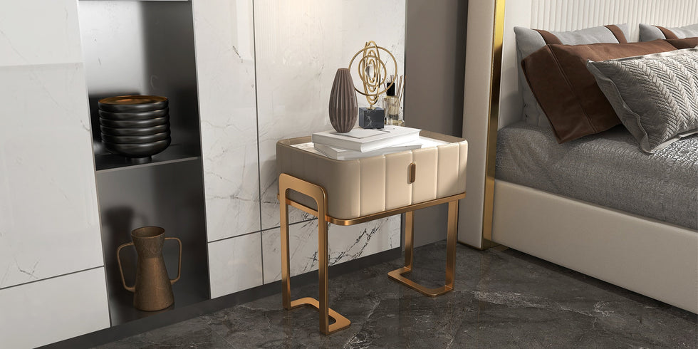 HMR - Modern Nightstand Drawer Bedroom Bedside Table with Sintered Stone Top