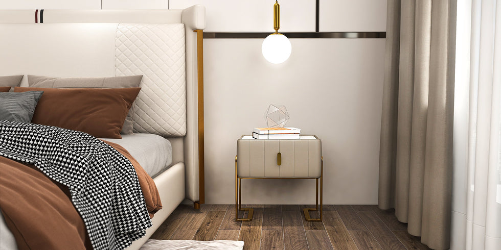 HMR - Modern Nightstand Drawer Bedroom Bedside Table with Sintered Stone Top