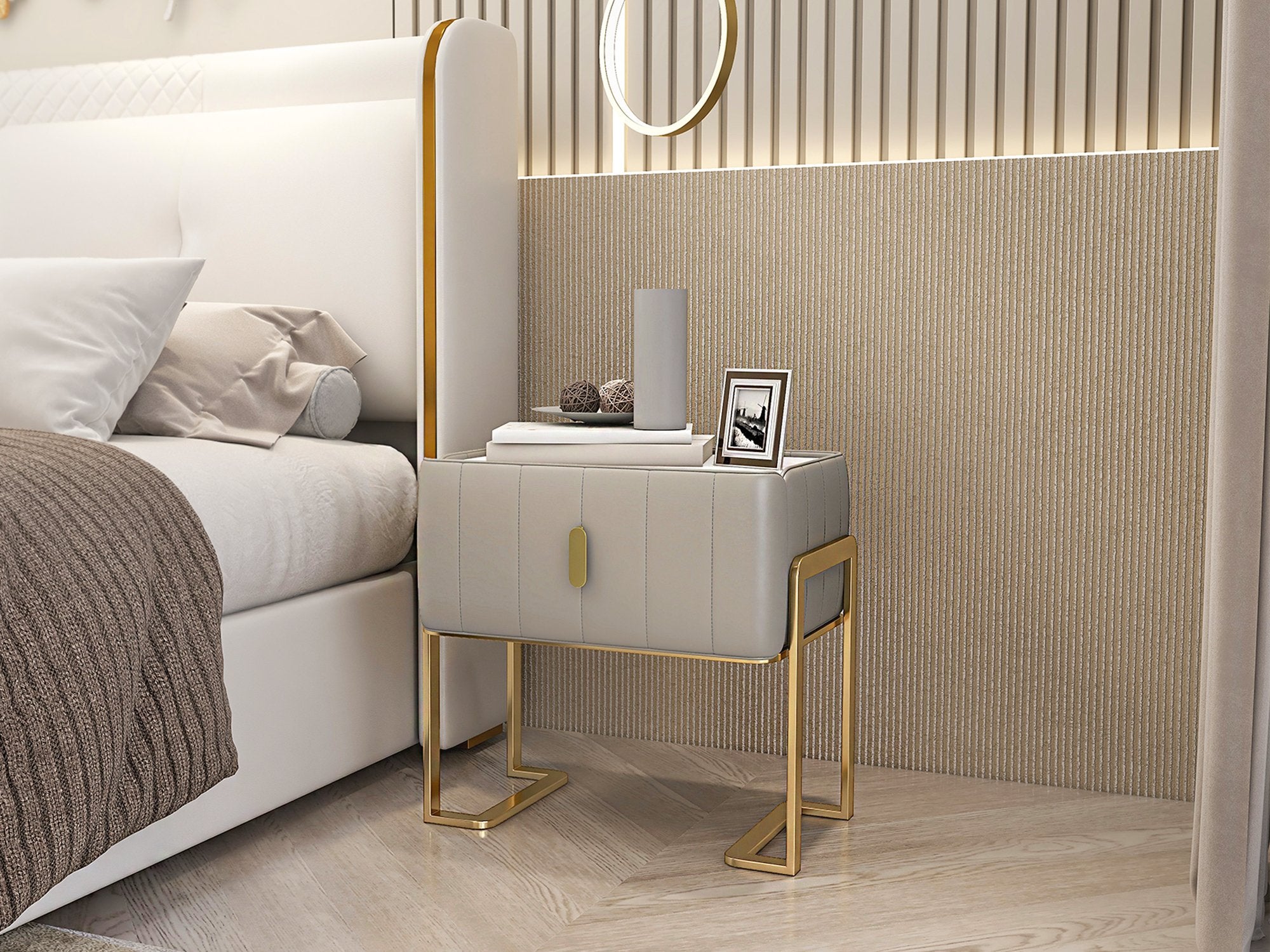 HMR - Modern Nightstand Drawer Bedroom Bedside Table with Sintered Stone Top