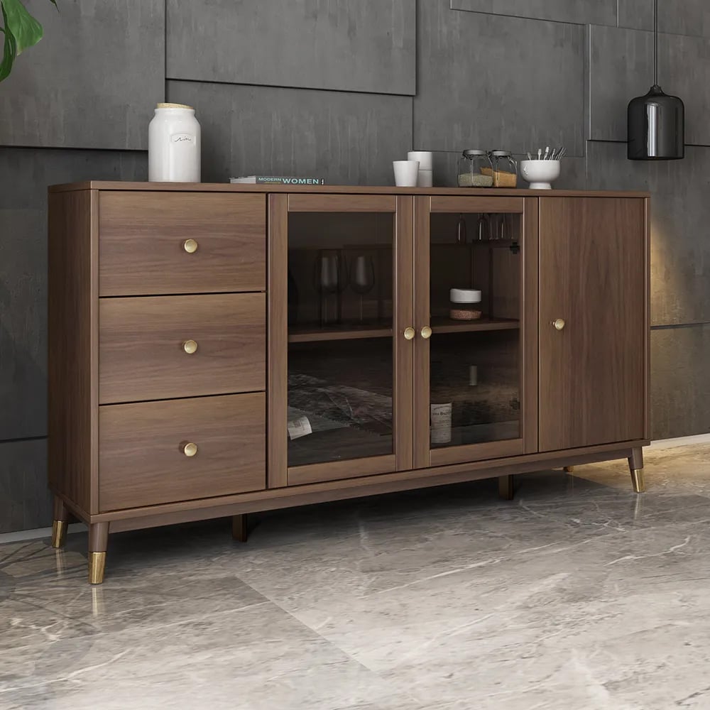 HMR - Ultic Modern Rectangle Sideboard Buffet with Ample Storages & Doors in Walnut
