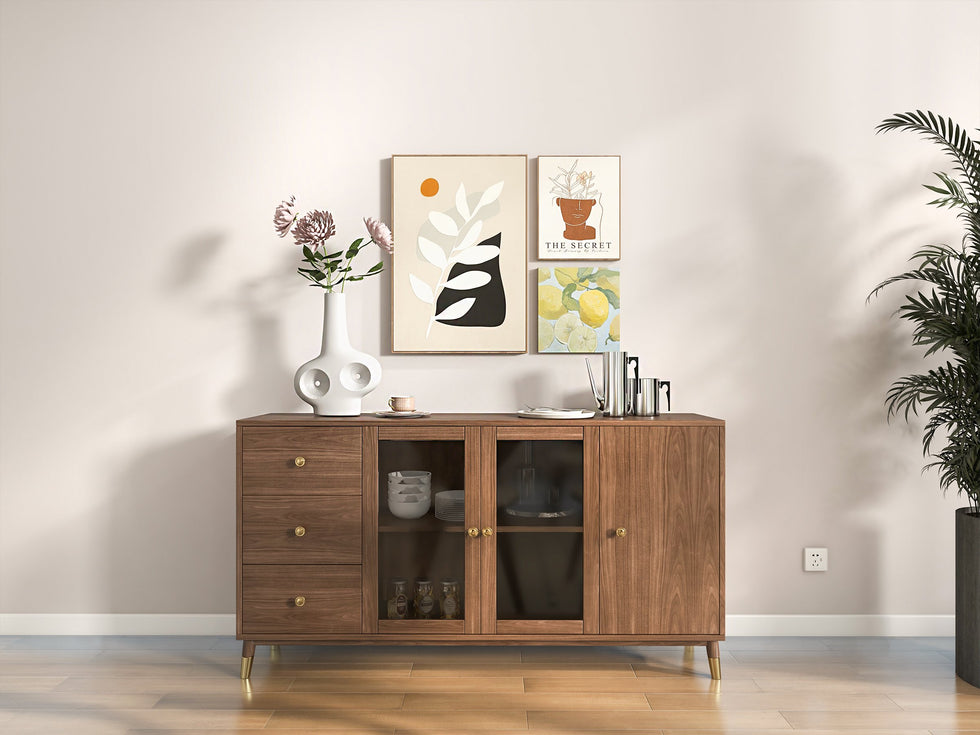 HMR - Ultic Modern Rectangle Sideboard Buffet with Ample Storages & Doors in Walnut