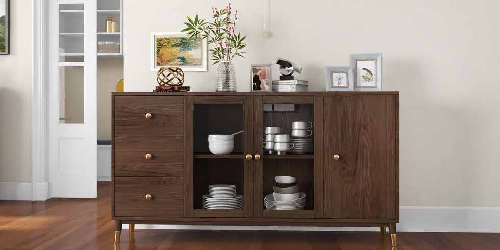 HMR - Ultic Modern Rectangle Sideboard Buffet with Ample Storages & Doors in Walnut