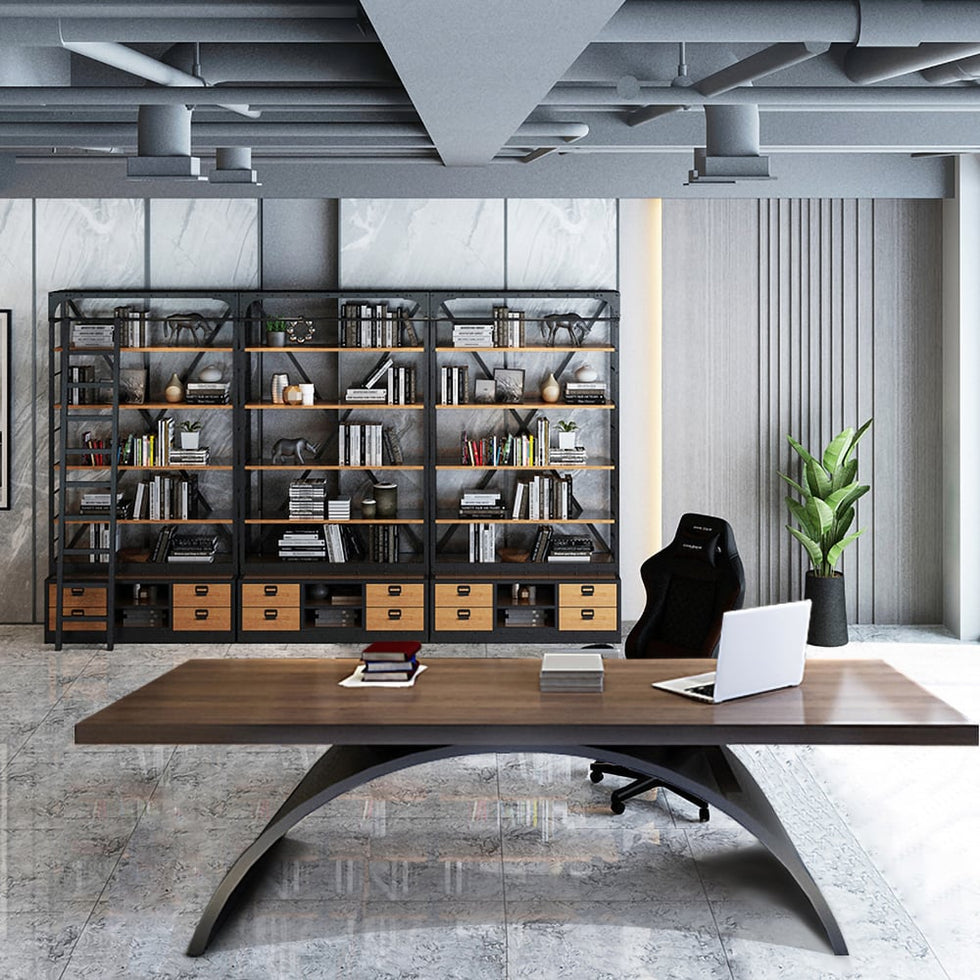 HMR - Modern Industrial Rectangular Wood Metal Base Office Desk