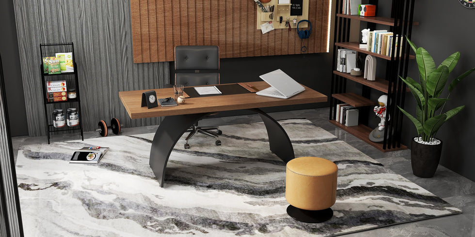 HMR - Modern Industrial Rectangular Wood Metal Base Office Desk