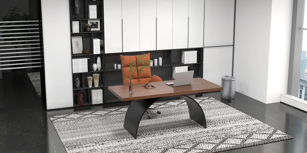 HMR - Modern Industrial Rectangular Wood Metal Base Office Desk